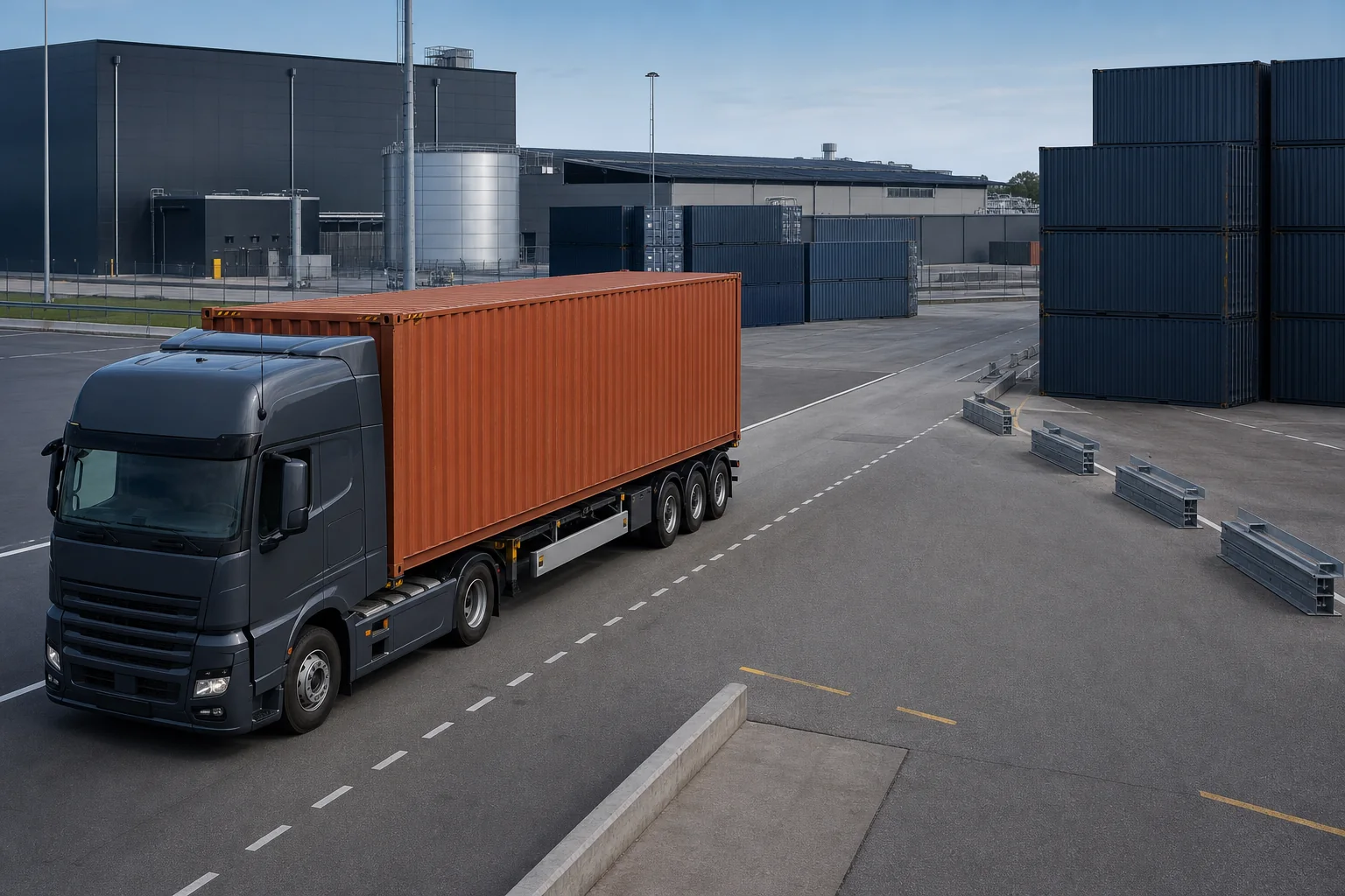 Containerlastbil på en organiseret godsterminal