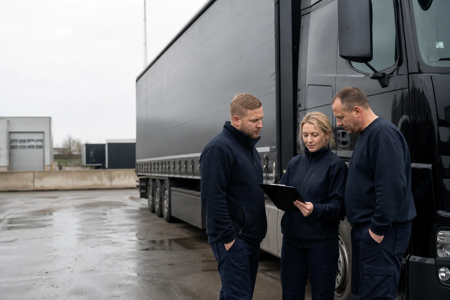 Transportmedarbejdere gennemgår en opgave ved en lastbil