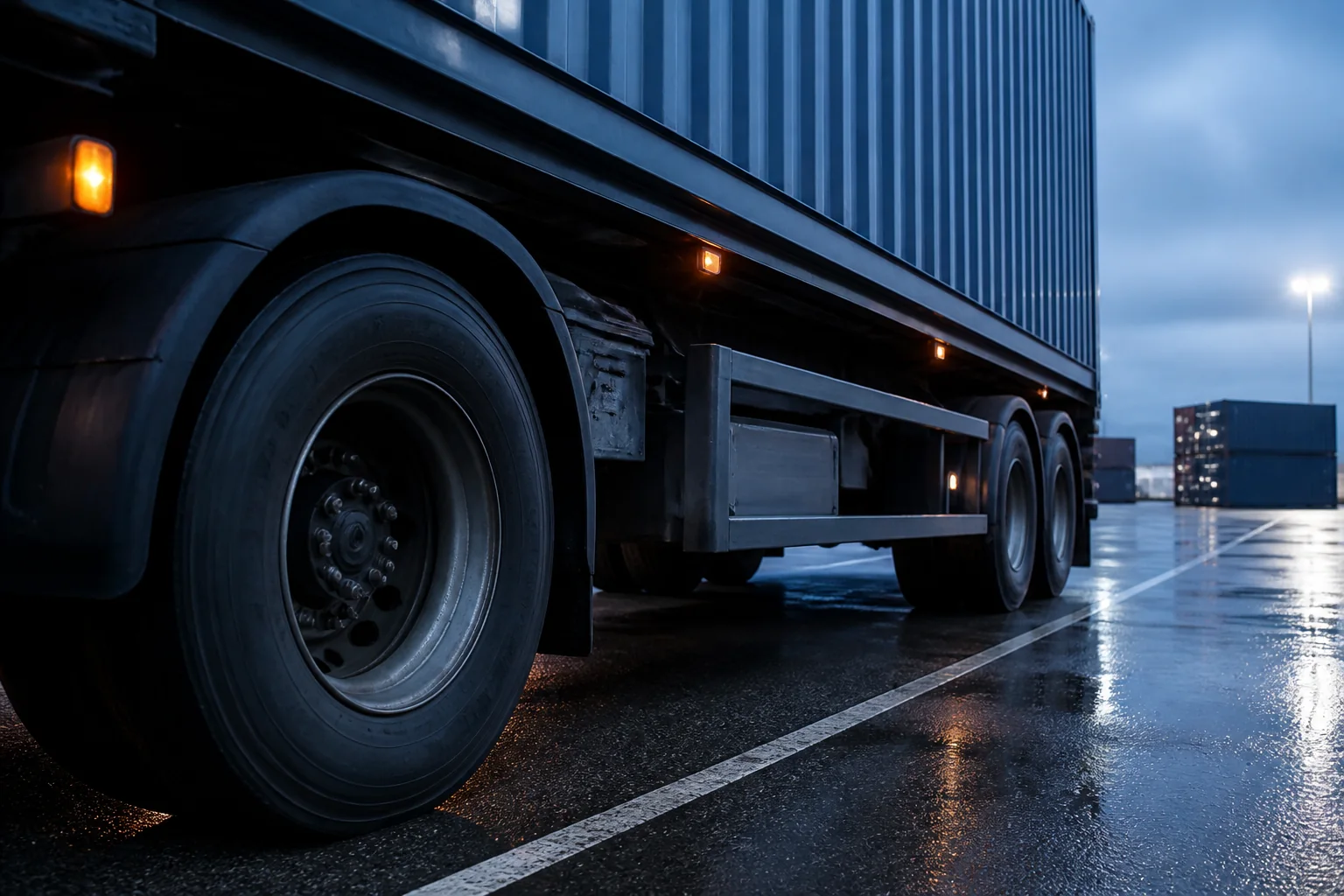 Detalje af lastbil og containertrailer på våd asfalt